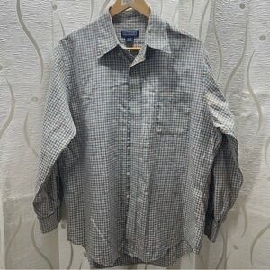Lands End Plaid Button Down Mens 16.5-33 Blue Brown Excellent Regular Fit Cotton